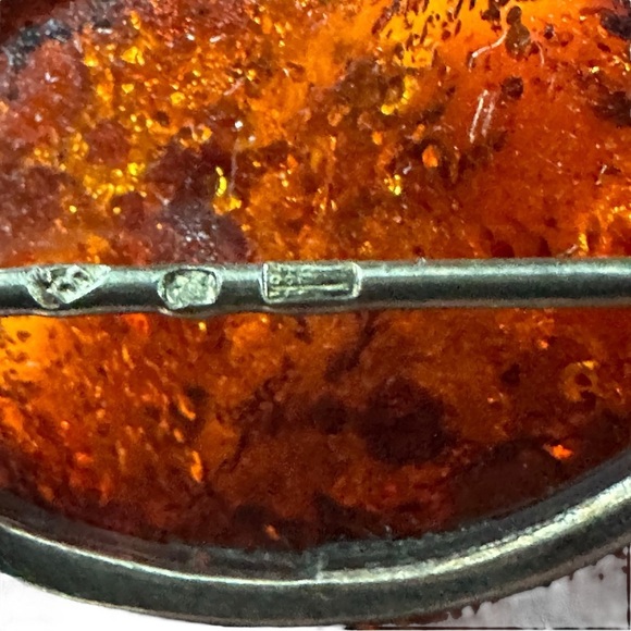 Vtg Signed M 925 Sterling Silver Natural Amber Cabochon Floral Brooch Pin 2” 13g - Picture 11 of 16